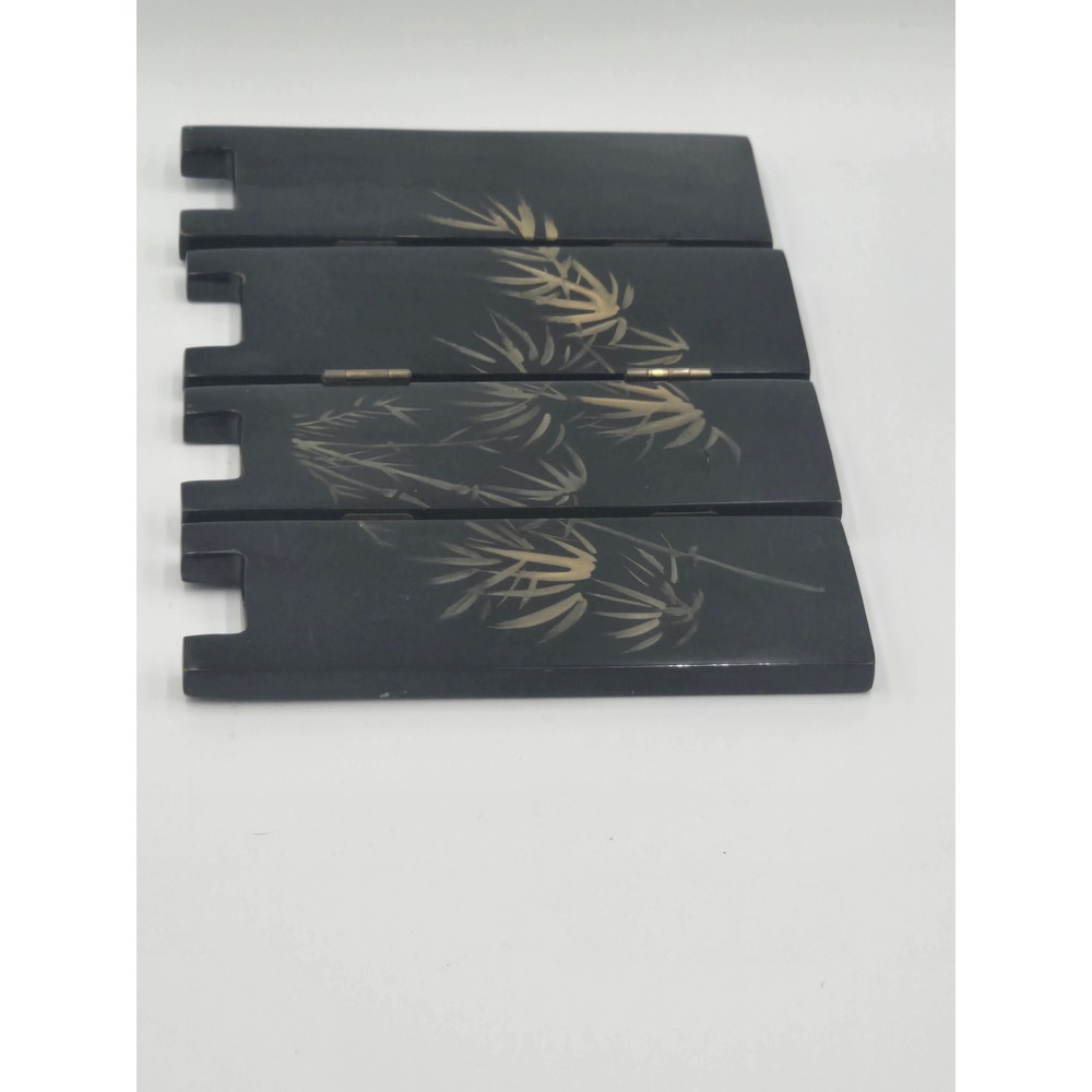 Vintage Black Lacquer Mother of Pearl Inlay 4 Panel Mini Table Screen Deer Crane - Picture 7 of 14